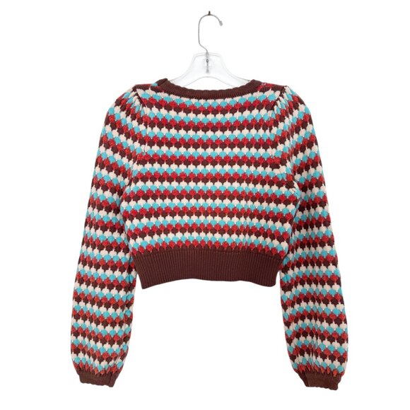 Cider 70s Retro Knit Pattern Cropped Bell Sleeve Sweater - Picture 7 of 9